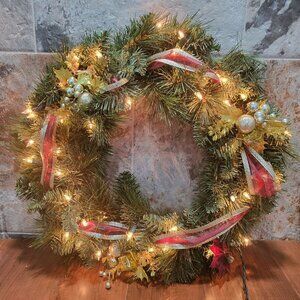 Pre Lit Artificial Christmas Wreath Green White Lights Gold Accent Decorations